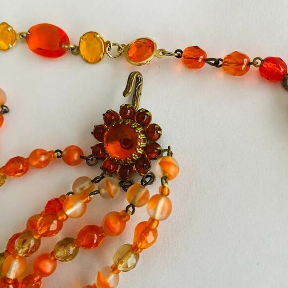 Mid-Century West German Gablonz Glass Beaded Triple Strand Necklace Floral Clasp - Picture 7 of 10
